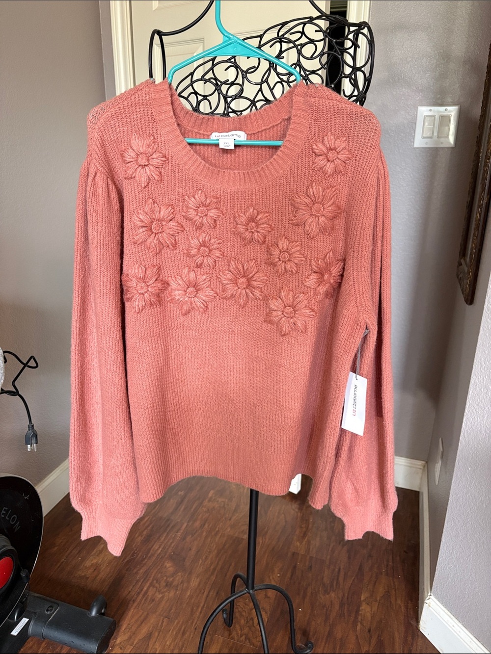 Liz Claiborne Dusty Rose Floral Appliqué Crewneck Sweater